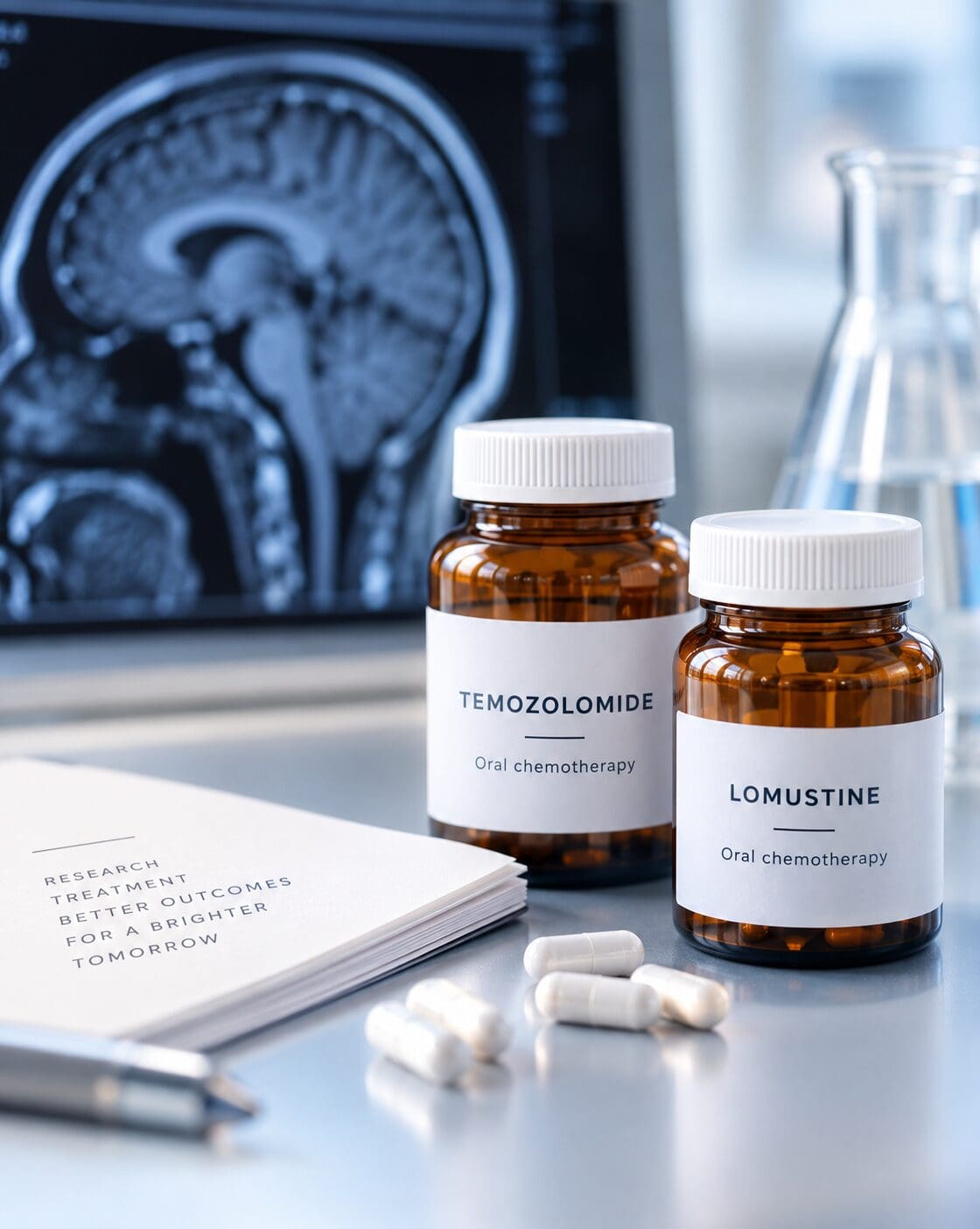 Temozolomide and lomustine chemotherapy with a brain MRI in the background